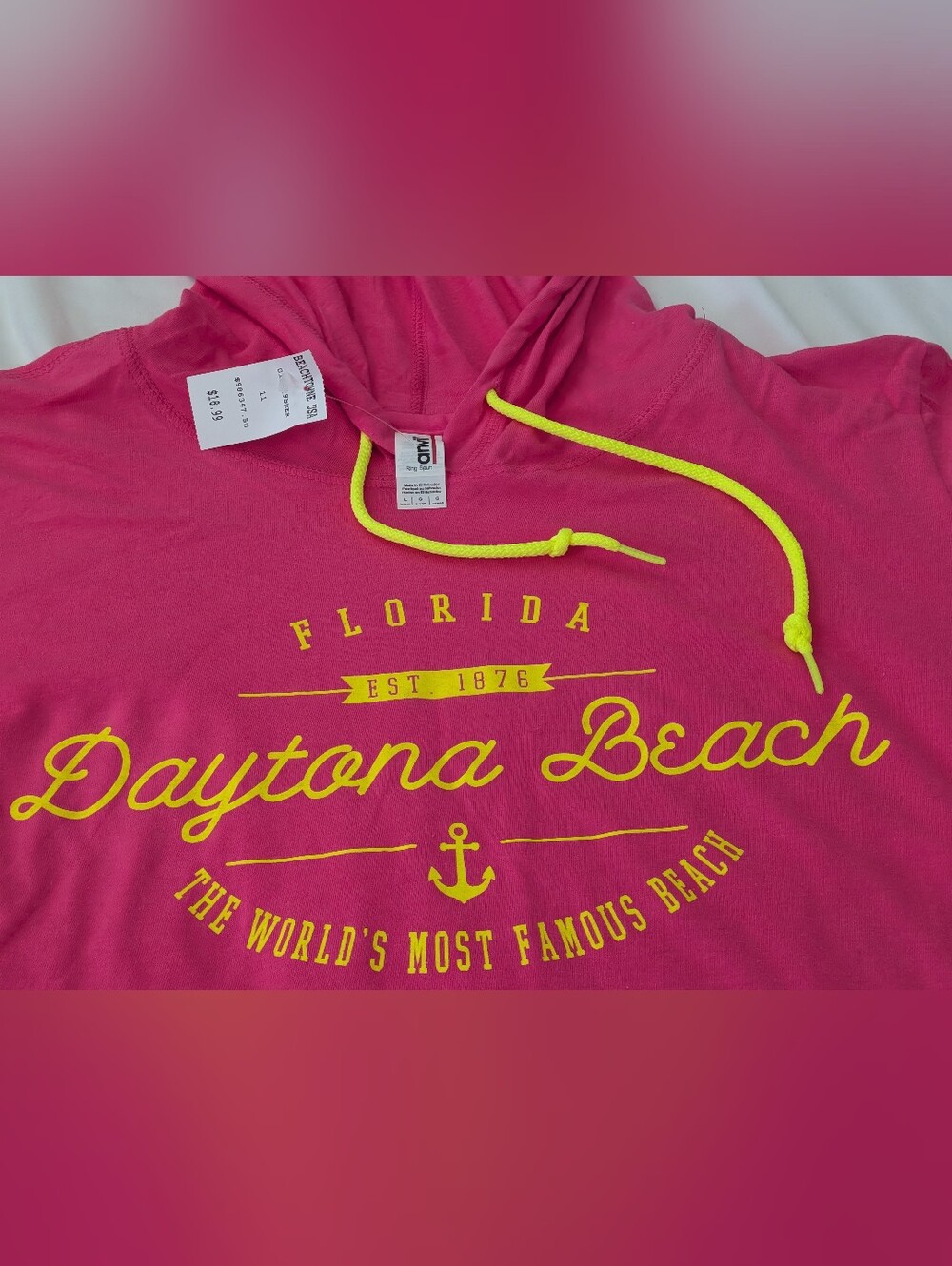 NWT Pink & Yellow Daytona Beach Florida Lightweight Long Sleeve Hoodie Size L